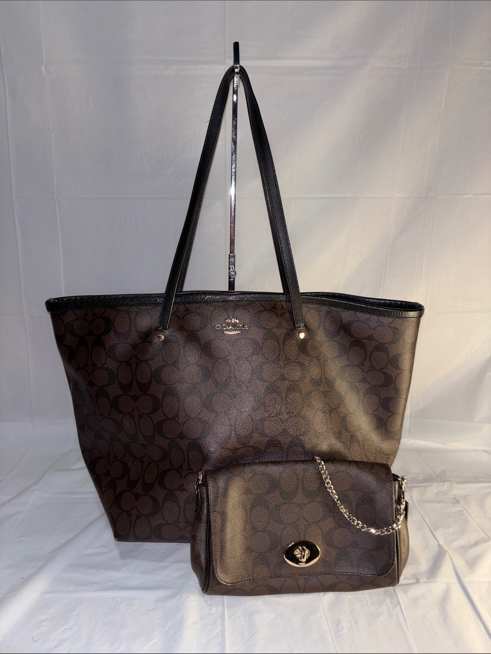 Coach Brown Signature Canvas Tote with Black Trim and Chain Strap